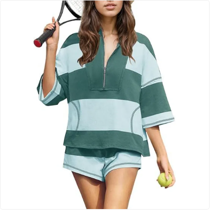 Women's Striped Half Sleeve Oversized Lining Shorts Casual Sportswear Two-piece Set