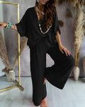 V-Neck Bat-Sleeve Casual Top Wide-Leg Pants Set: Black / 2XL