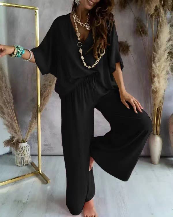 V-Neck Bat-Sleeve Casual Top Wide-Leg Pants Set: Black / 2XL