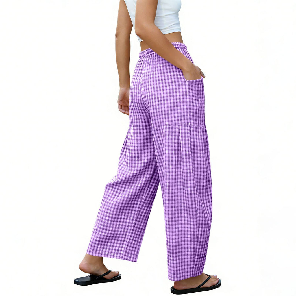 Women Gingham Wide Leg Pants Drawstring Loose Trousers: Green / M