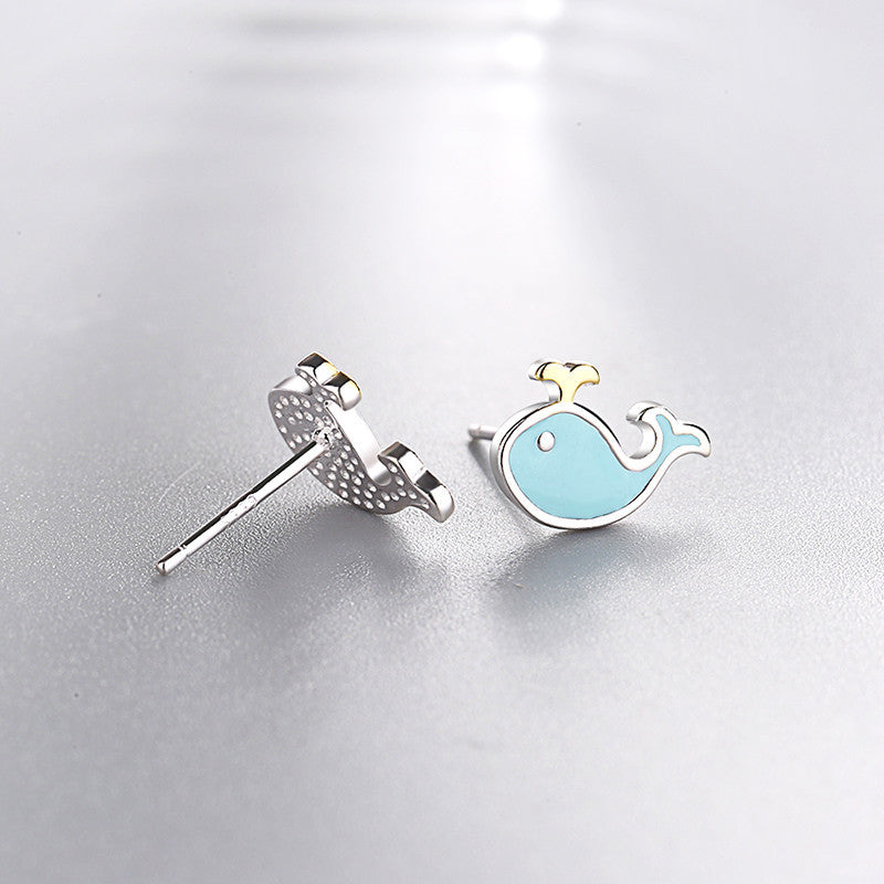 Blue Whale and Dolphin Stud Earrings in Sterling Silver