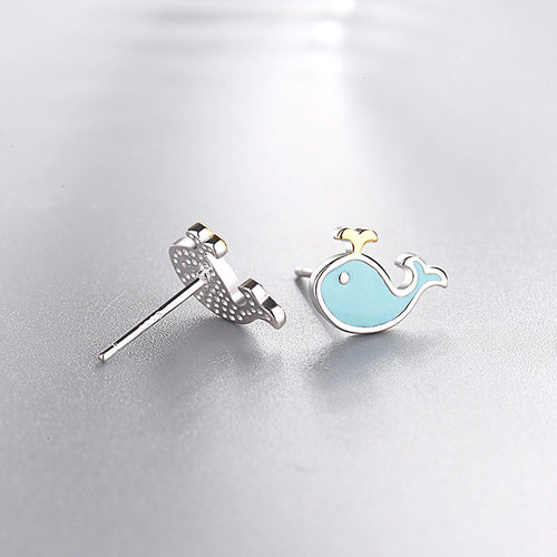 Blue Whale and Dolphin Stud Earrings in Sterling Silver