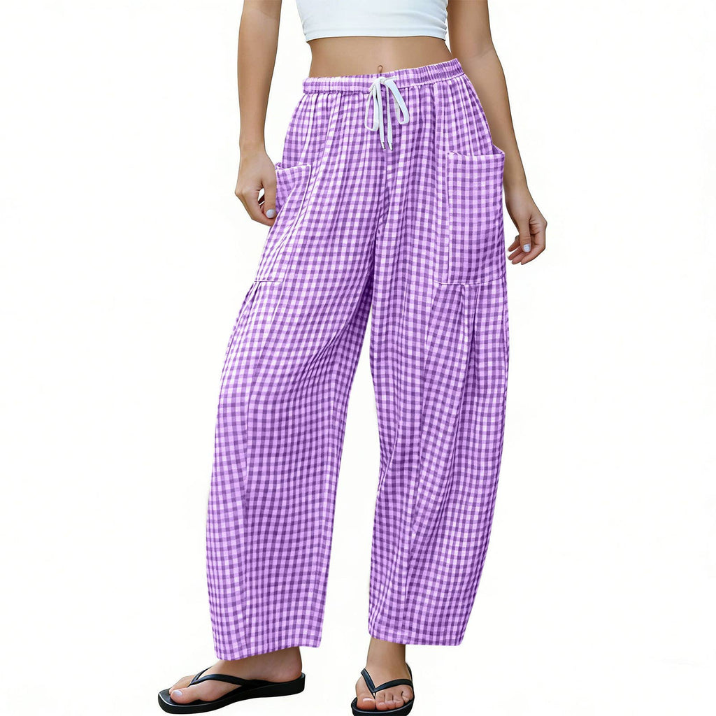 Women Gingham Wide Leg Pants Drawstring Loose Trousers: Green / L
