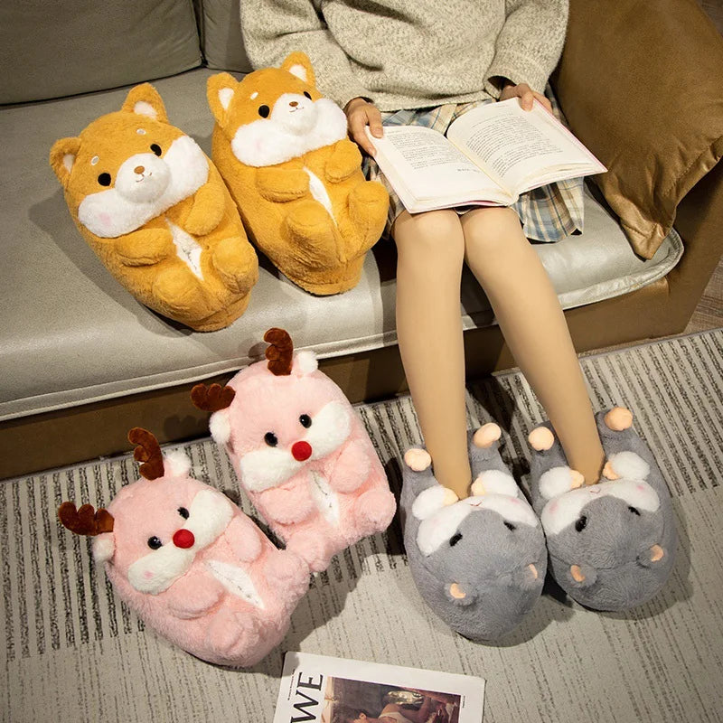 3D Animal Plush Women's Slippers — Shiba Inu, Reindeer & Hamster Styles