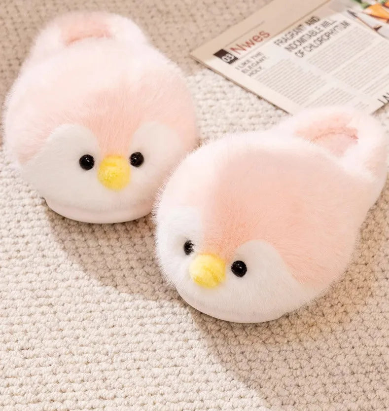 Fuzzy Penguin Plush Slippers — Cute Soft Furry Indoor House Shoes