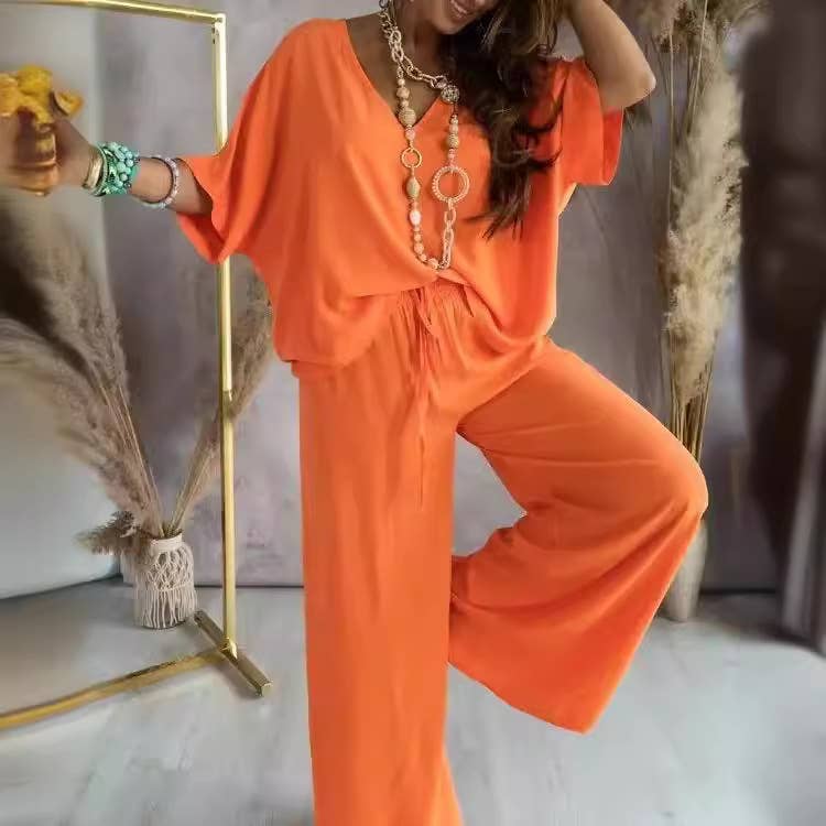 V-Neck Bat-Sleeve Casual Top Wide-Leg Pants Set: RoseRed / L