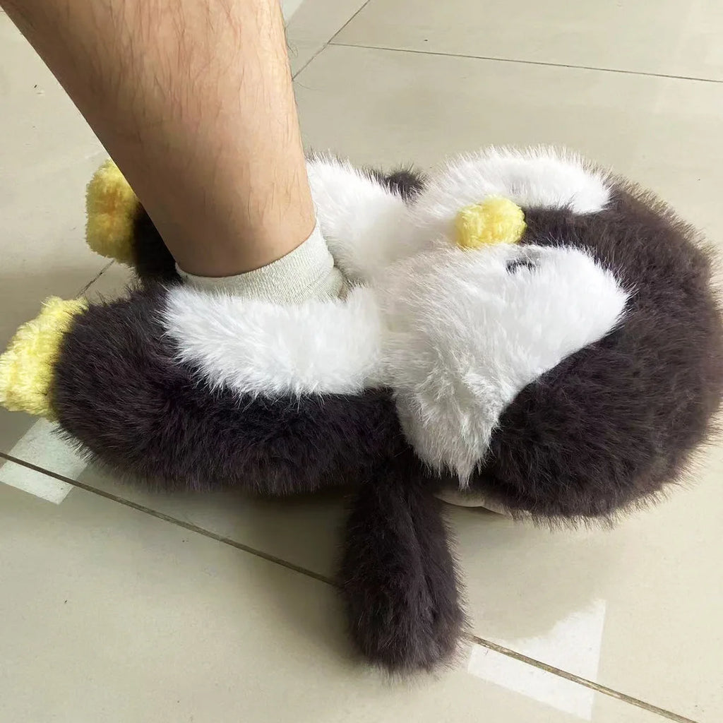 Fuzzy Penguin Plush Slippers — Cute Soft Furry Indoor House Shoes