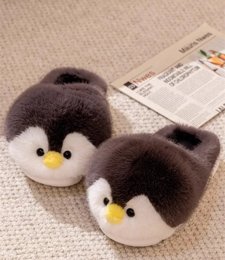 Fuzzy Penguin Plush Slippers — Cute Soft Furry Indoor House Shoes
