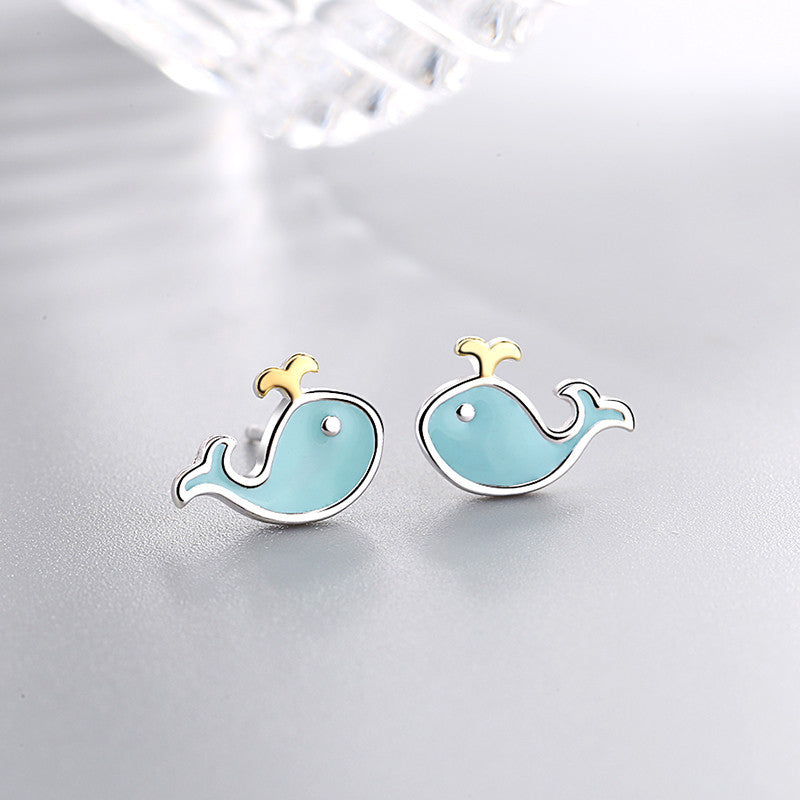 Blue Whale and Dolphin Stud Earrings in Sterling Silver
