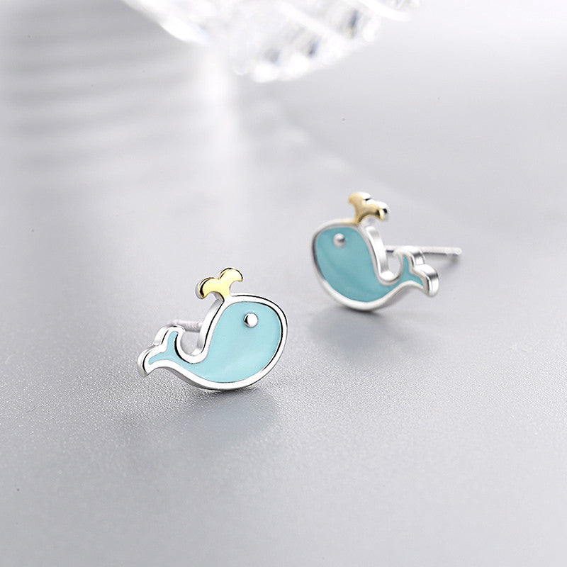 Blue Whale and Dolphin Stud Earrings in Sterling Silver