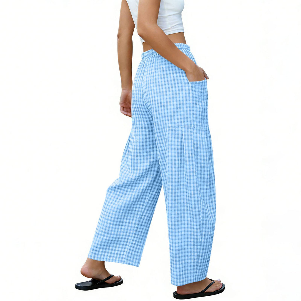 Women Gingham Wide Leg Pants Drawstring Loose Trousers: Pink / M