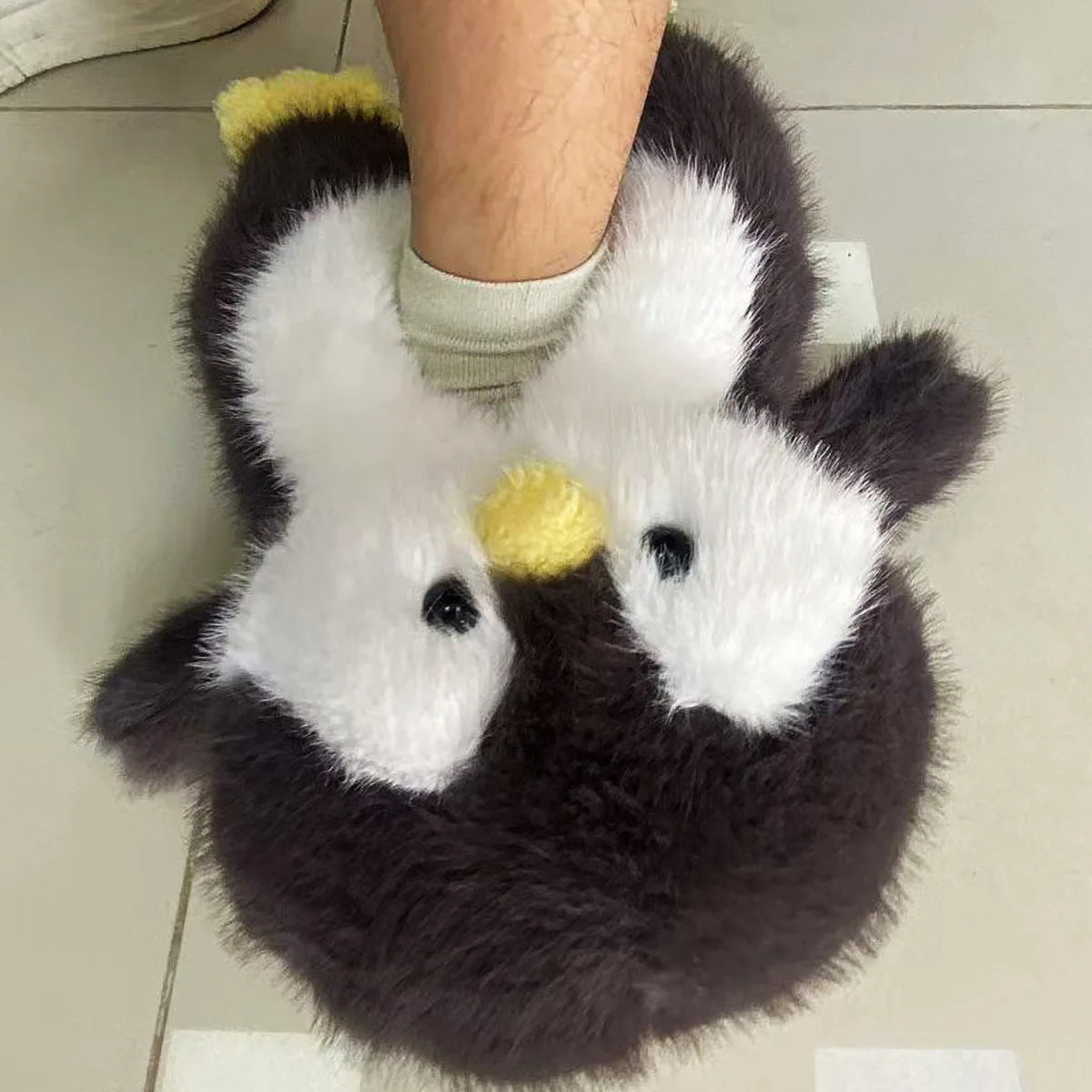 Fuzzy Penguin Plush Slippers — Cute Soft Furry Indoor House Shoes