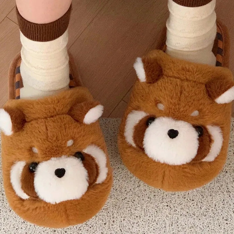 3D Red Panda Plush Women's Slippers — Cozy Fuzzy Indoor House Shoes