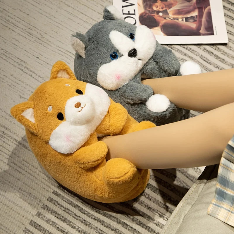 3D Animal Plush Women's Slippers — Shiba Inu, Reindeer & Hamster Styles