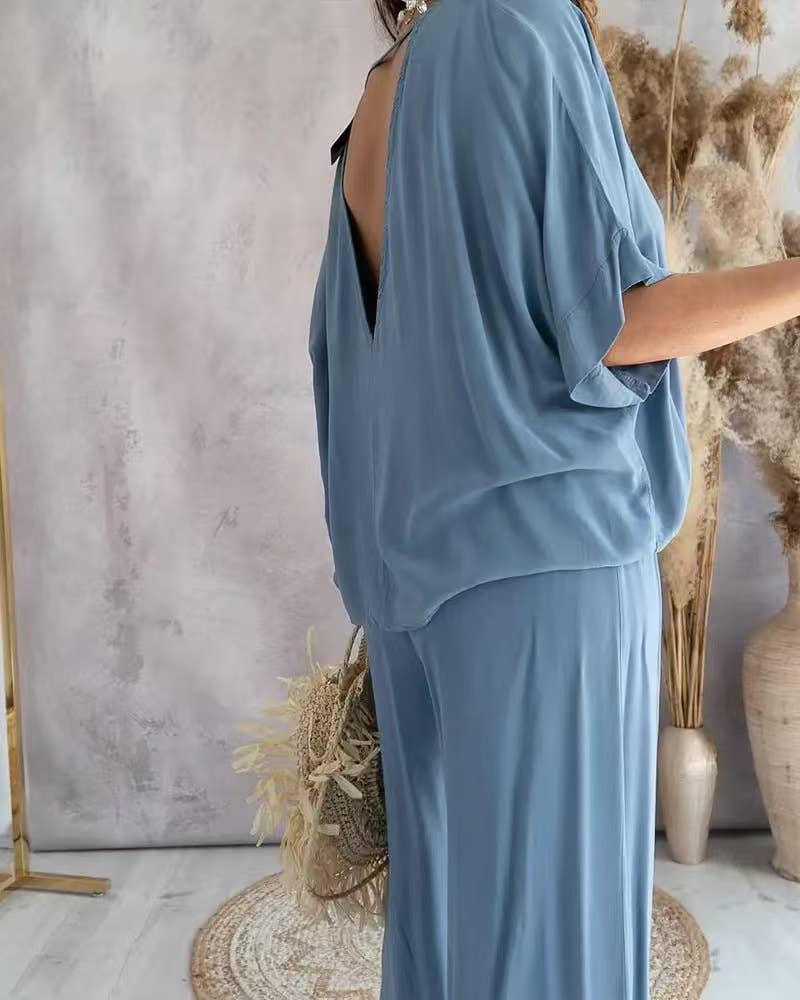 V-Neck Bat-Sleeve Casual Top Wide-Leg Pants Set: Black / 2XL