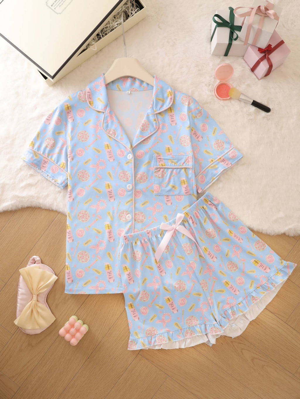 Cute Sushi Print Ruffle Lace Short Pajama Set: Blue / L