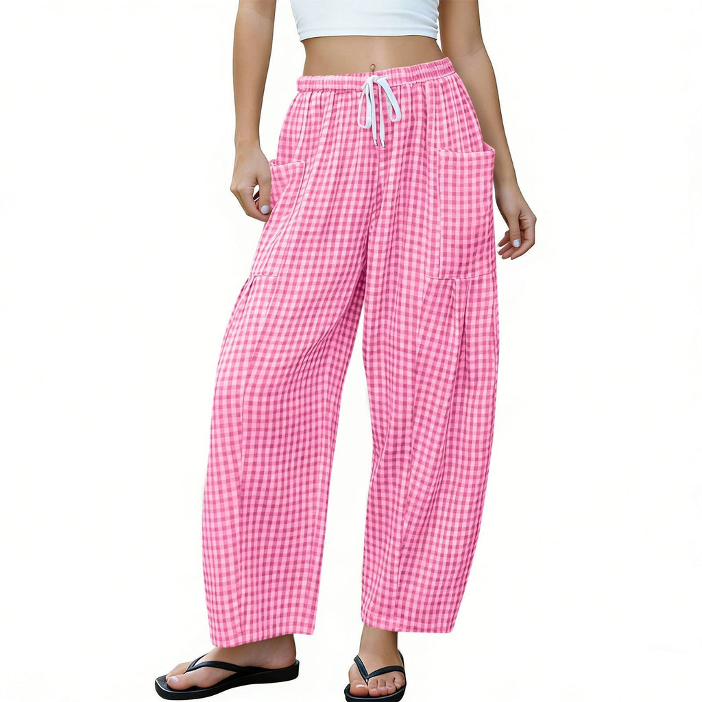 Women Gingham Wide Leg Pants Drawstring Loose Trousers: Pink / L