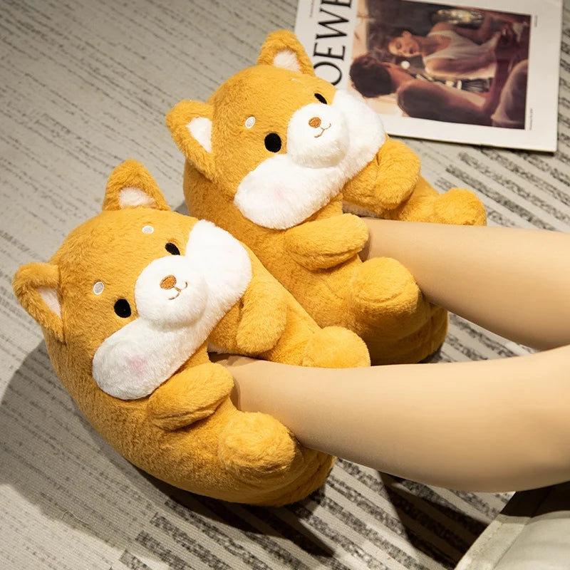 3D Animal Plush Women's Slippers — Shiba Inu, Reindeer & Hamster Styles