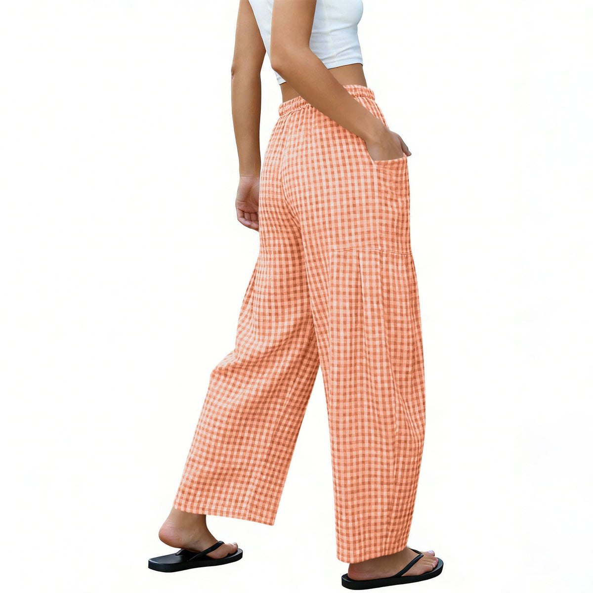 Women Gingham Wide Leg Pants Drawstring Loose Trousers: Pink / L