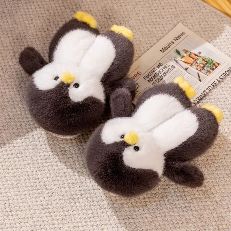 Fuzzy Penguin Plush Slippers — Cute Soft Furry Indoor House Shoes