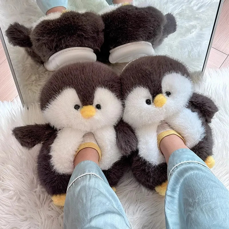 Fuzzy Penguin Plush Slippers — Cute Soft Furry Indoor House Shoes