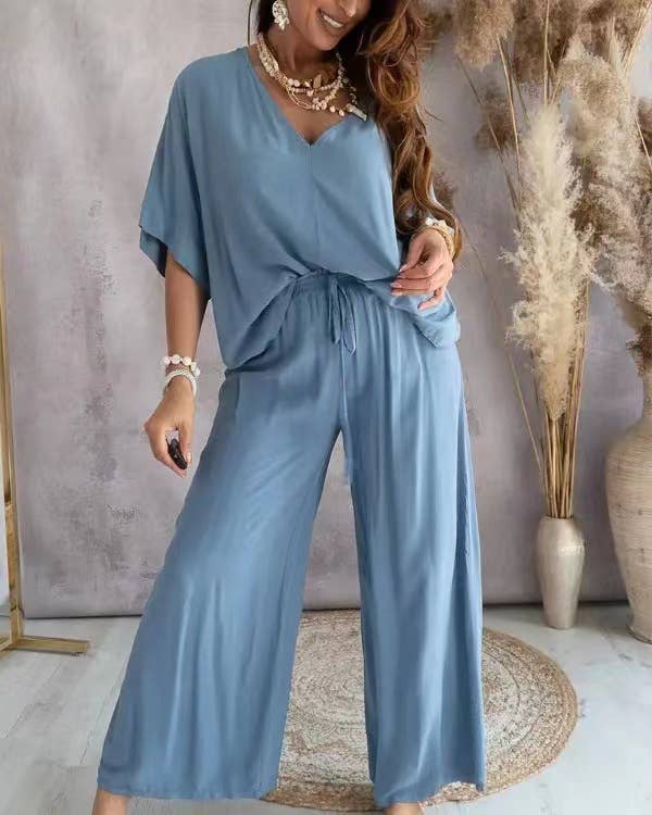 V-Neck Bat-Sleeve Casual Top Wide-Leg Pants Set: Black / 2XL