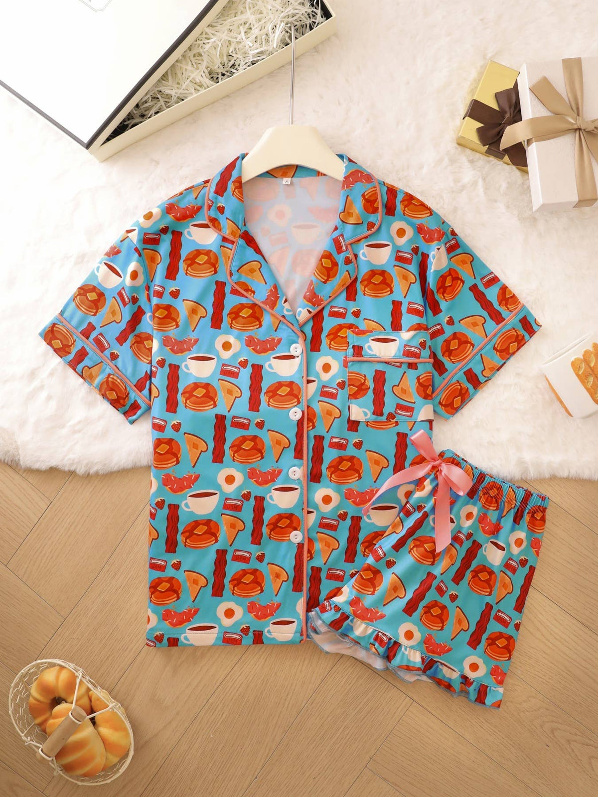 Cute Sushi Print Ruffle Lace Short Pajama Set: LtBlue / L