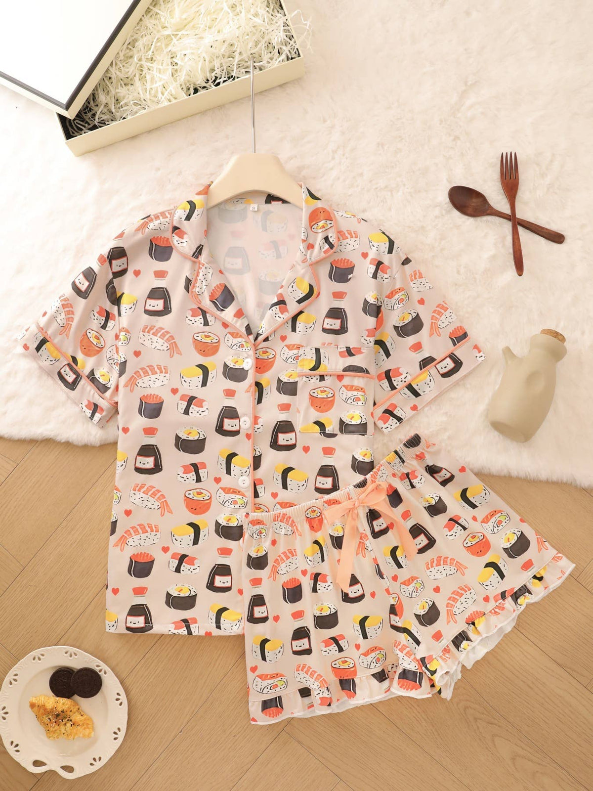 Cute Sushi Print Ruffle Lace Short Pajama Set: LtBlue / L