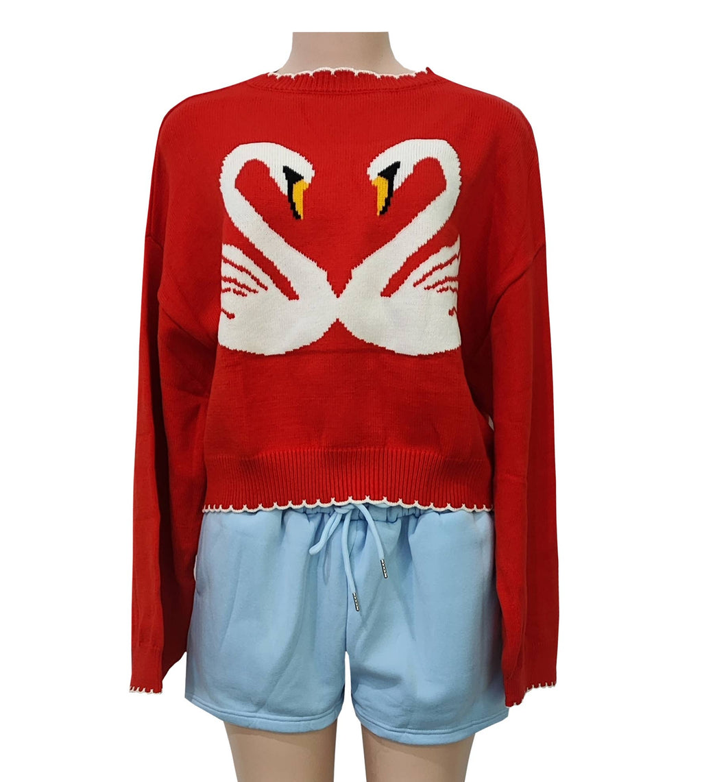 Crop Slouchy Swan Heart Jacquard Knit Sweater In Red: Red / M