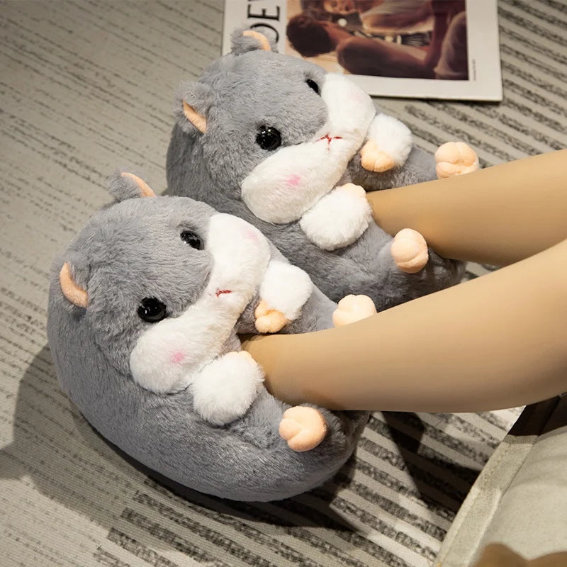 3D Animal Plush Women's Slippers — Shiba Inu, Reindeer & Hamster Styles