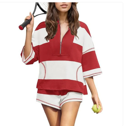 Women's Striped Half Sleeve Oversized Lining Shorts Casual Sportswear Two-piece Set