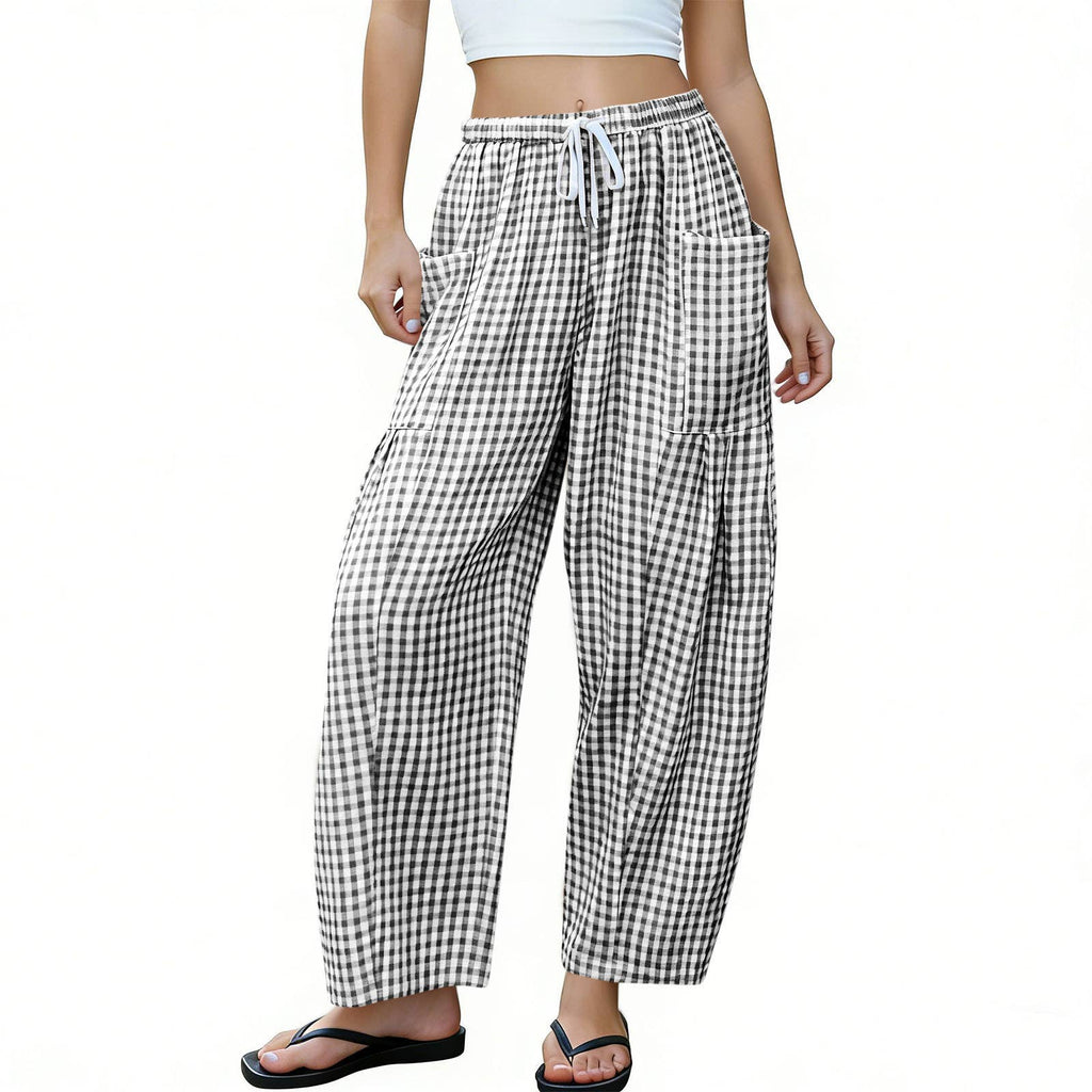 Women Gingham Wide Leg Pants Drawstring Loose Trousers: Green / M