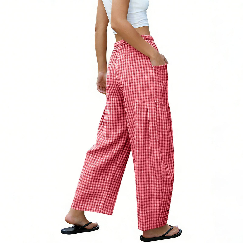 Women Gingham Wide Leg Pants Drawstring Loose Trousers: Pink / L