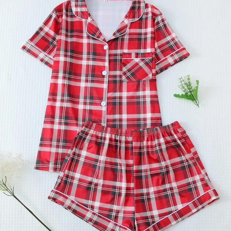 Pink Checkered Bow Women's Pajama Set — Short Sleeve Top & Shorts