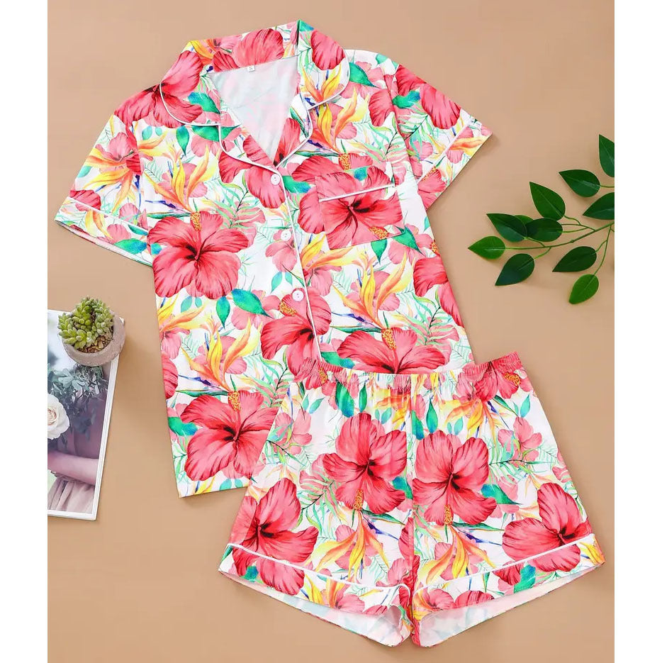 Pink Checkered Bow Women's Pajama Set — Short Sleeve Top & Shorts