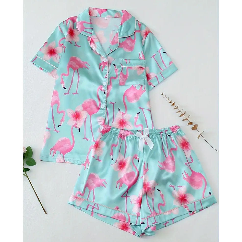 Pink Checkered Bow Women's Pajama Set — Short Sleeve Top & Shorts