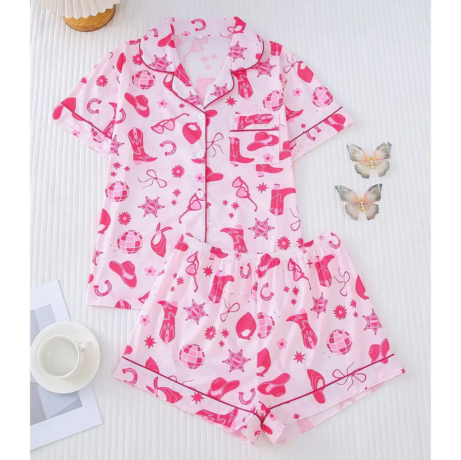 Pink Checkered Bow Women's Pajama Set — Short Sleeve Top & Shorts