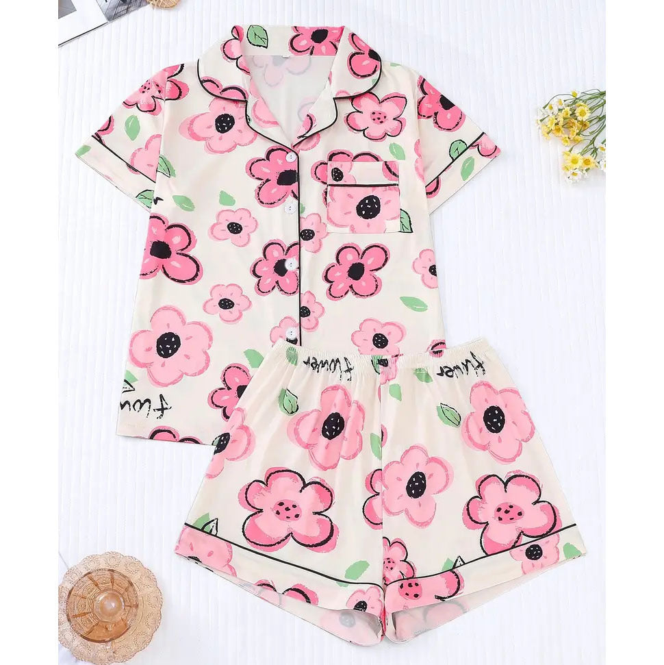 Pink Checkered Bow Women's Pajama Set — Short Sleeve Top & Shorts