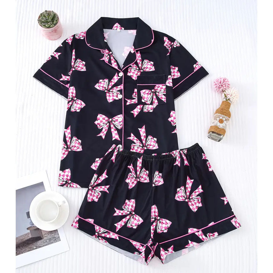 Pink Checkered Bow Women's Pajama Set — Short Sleeve Top & Shorts
