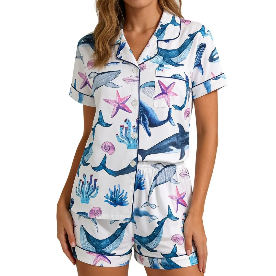 Ocean Themed Pajamas Blue with Whale Starfish Print Lapel Short Sleeve Shorts Loungewear Pants Home Wear Set Gifts for Women