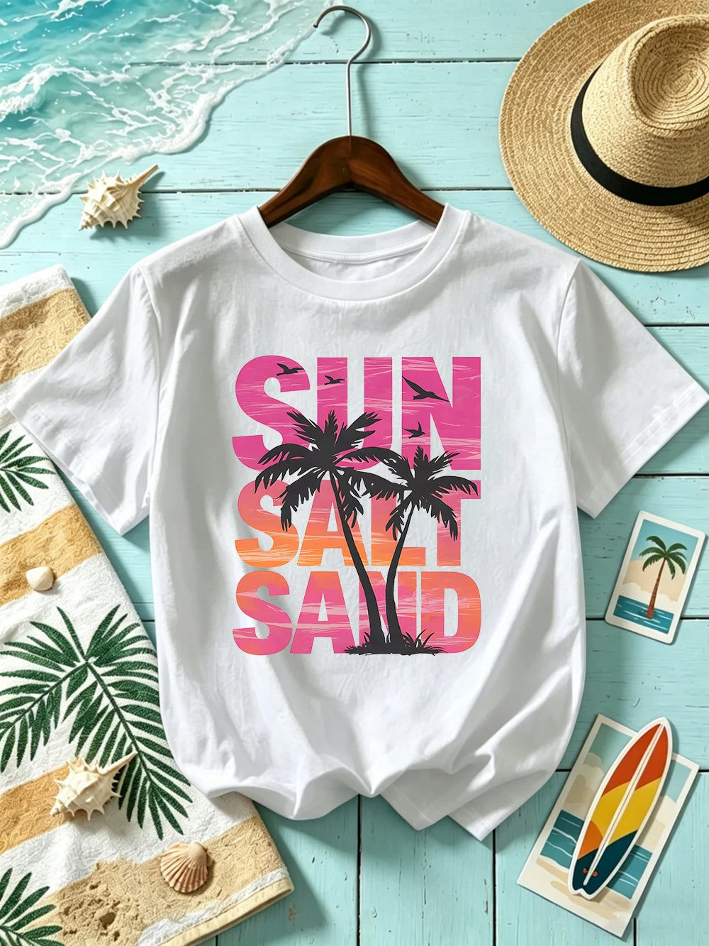 Sun Salt Sand Coconut Tree 
Prints T-Shirts Womens Cotton Summer Short Sleeve T Shirt O-Neck Oversized Tops Basic Soft Clothes