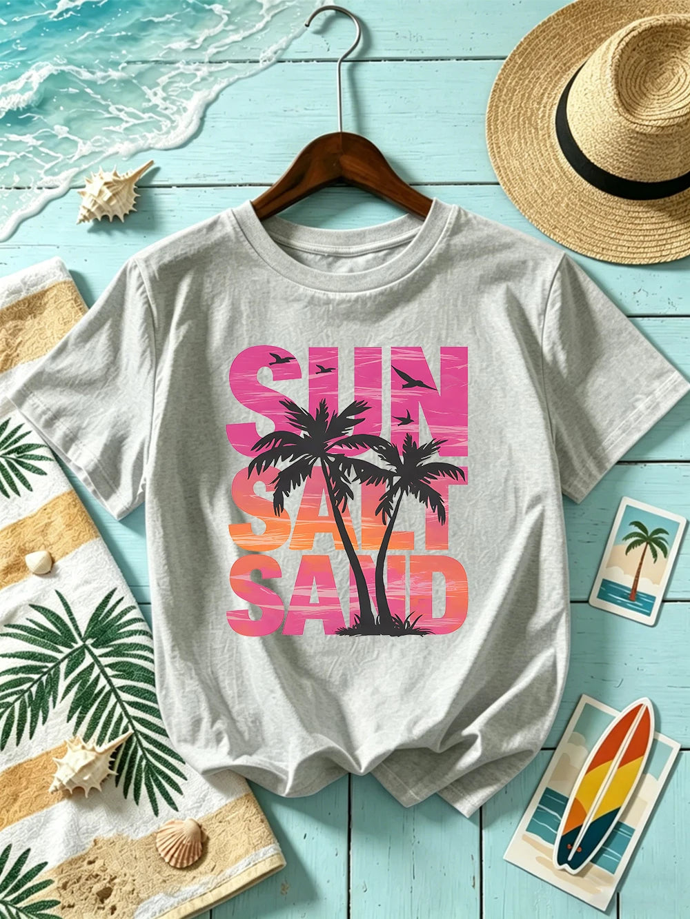 Sun Salt Sand Coconut Tree 
Prints T-Shirts Womens Cotton Summer Short Sleeve T Shirt O-Neck Oversized Tops Basic Soft Clothes