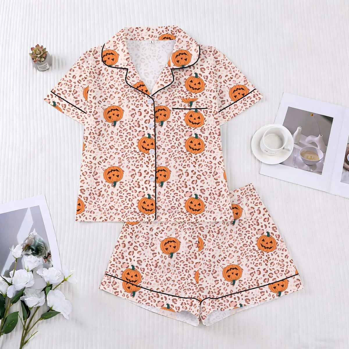 Halloween Ghost & Pumpkin Women's Pajama Set — Short Sleeve Top & Shorts