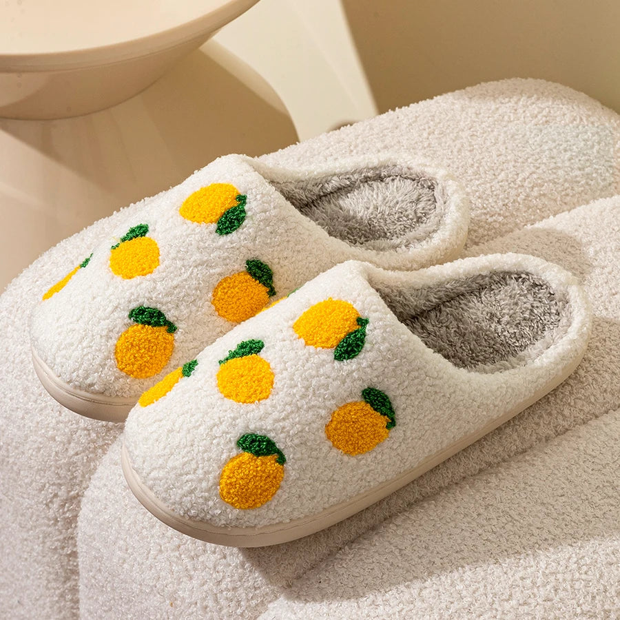 Lemon Embroidered Fuzzy Slippers