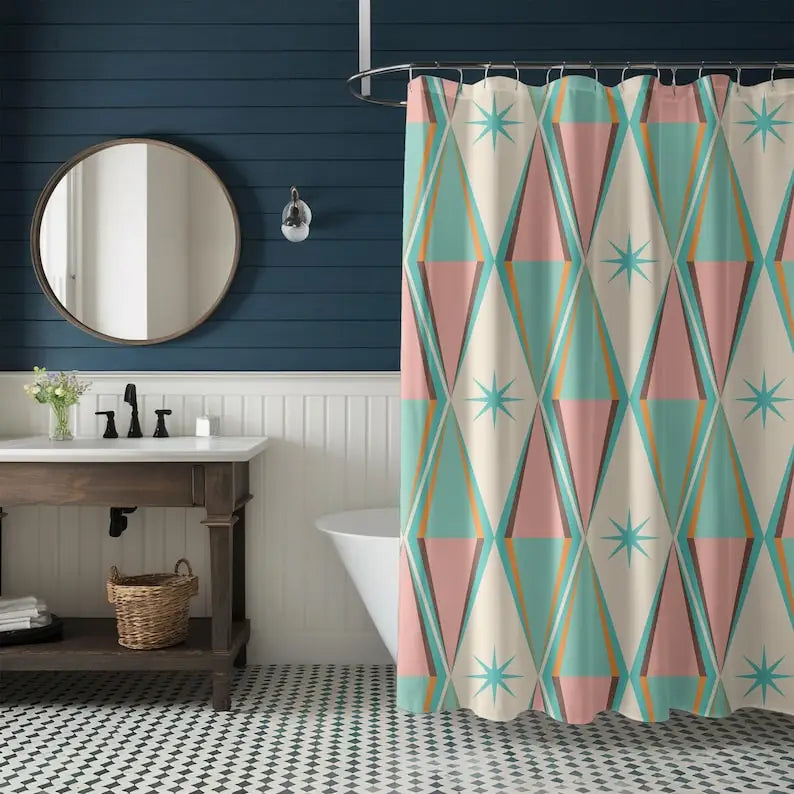 Mid Century Modern Retro Geometric Shower Curtain Vintage 50s MCM Green Pink and Cream Quirky Bath Decor Colorful Shower Curtain