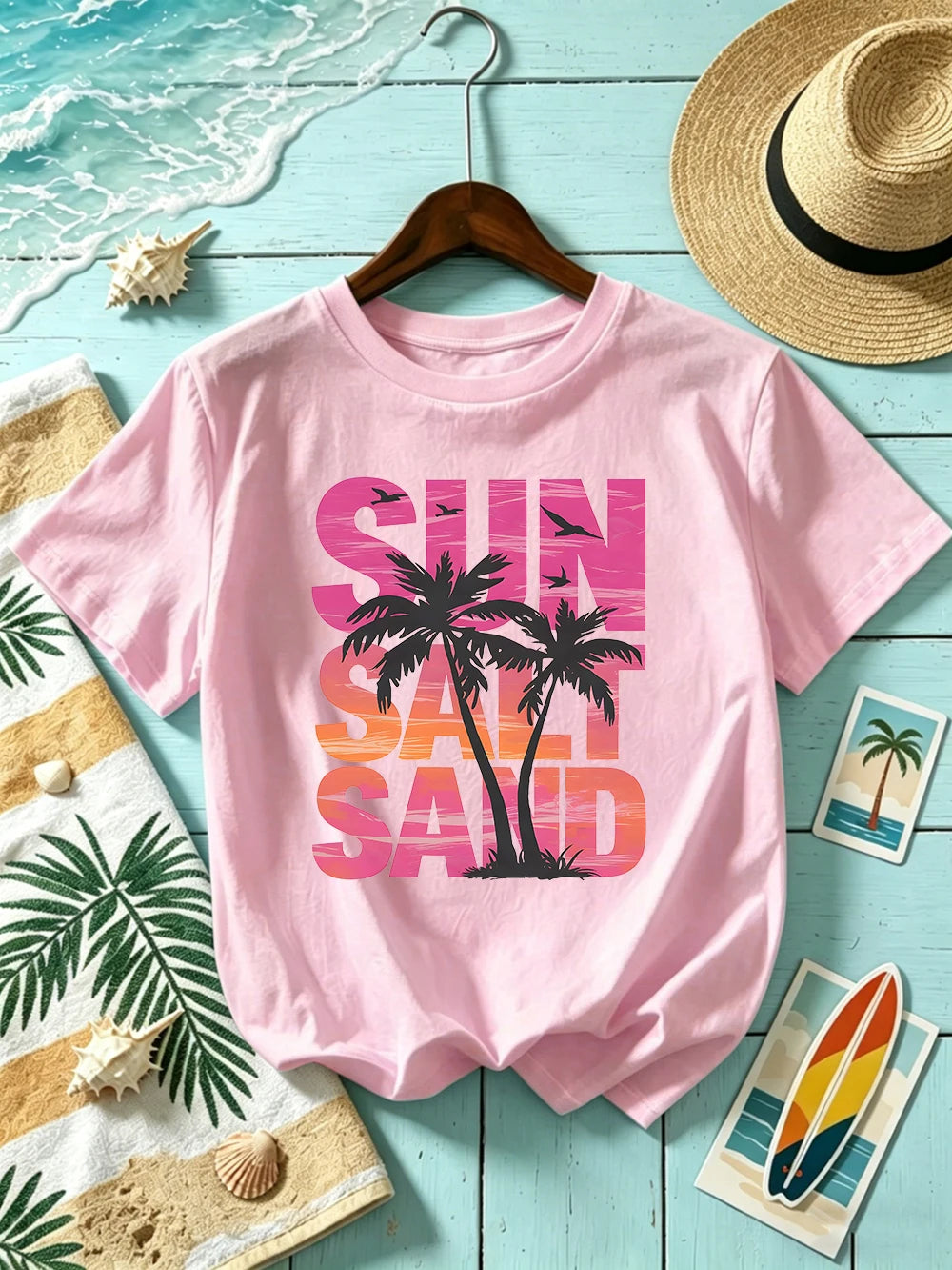 Sun Salt Sand Coconut Tree 
Prints T-Shirts Womens Cotton Summer Short Sleeve T Shirt O-Neck Oversized Tops Basic Soft Clothes
