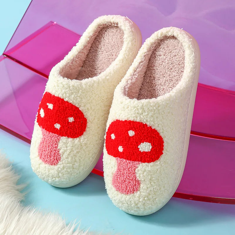 Rainbow & Mushroom Plush Women's Slippers — Cozy Furry Indoor House Shoes