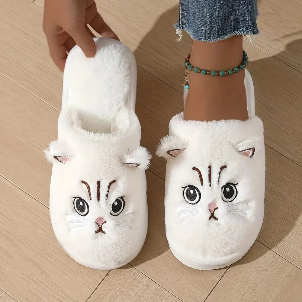 Cute Plush Cat Slippers Winter Warm Cozy Indoor House Shoes Soft EVA Sole Non-Slip Design