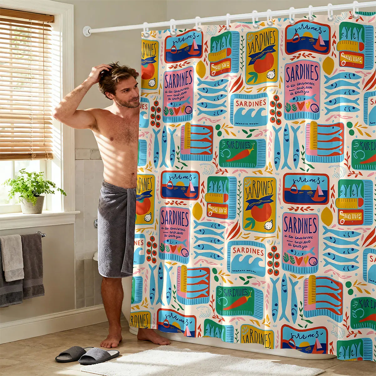 1pc Sardine Print Waterproof Shower Curtain Partition Privacy Hanging Curtain, 12 Hooks, Multiple Sizes
