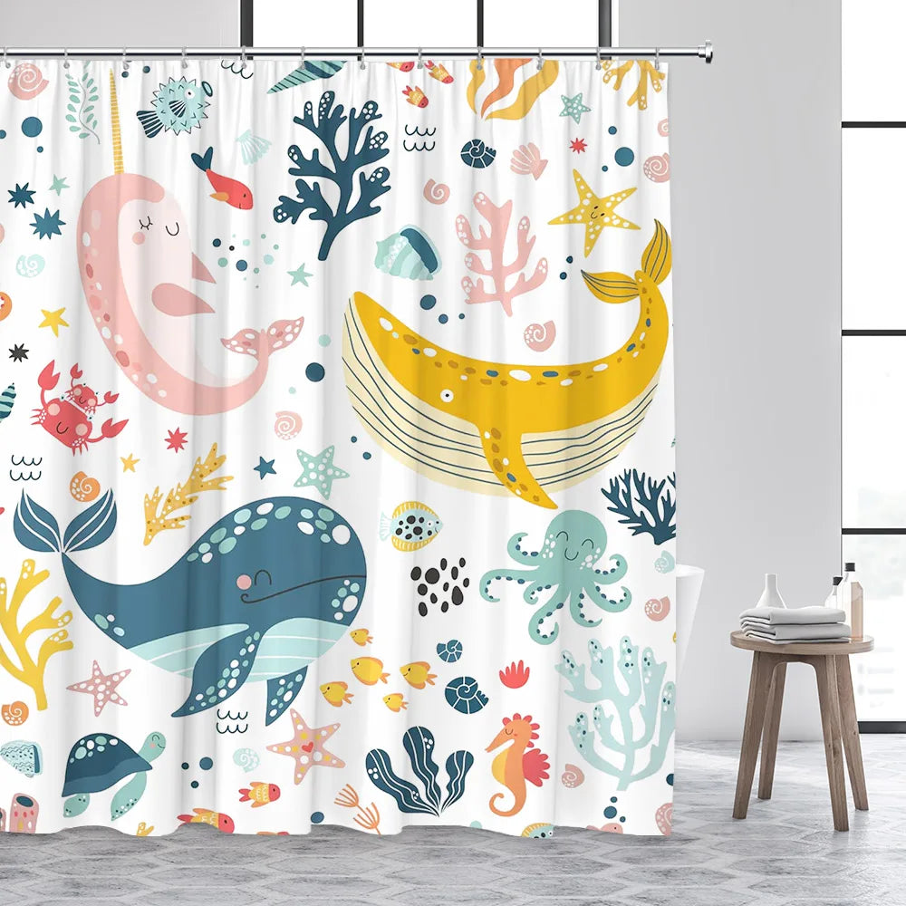 Cartoon Animals Shower Curtains Cute Ocean Fish Sea Turtle Whale Octopus Child Bathroom Curtain Decor with Hooks